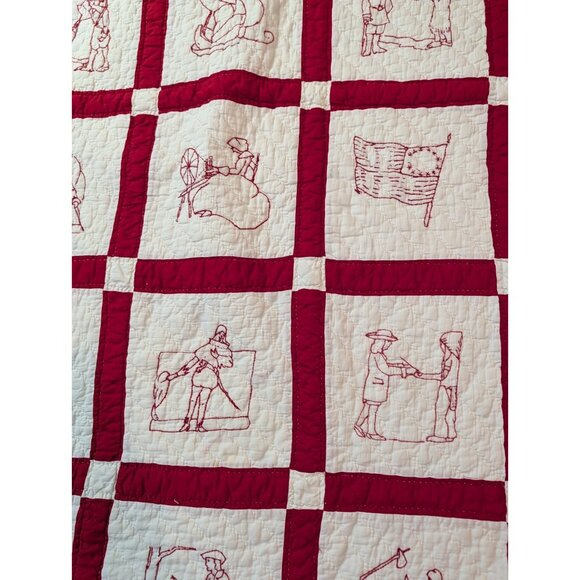 Redwork Colonial Embroidered Quilt Early 1900s Twin 83x67 Pioneer Hand quilted - Picture 4 of 16